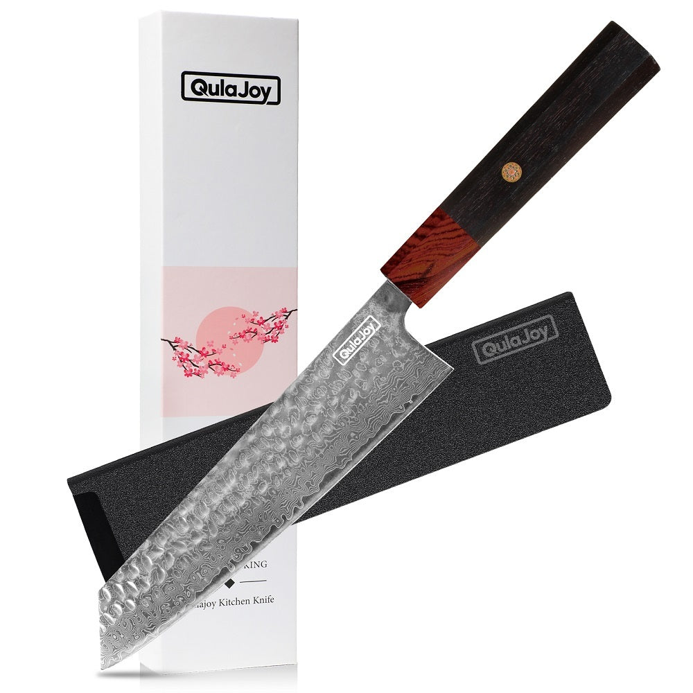 Damascus knife with African rosewood handle featuring hammered blade and protective black sheath