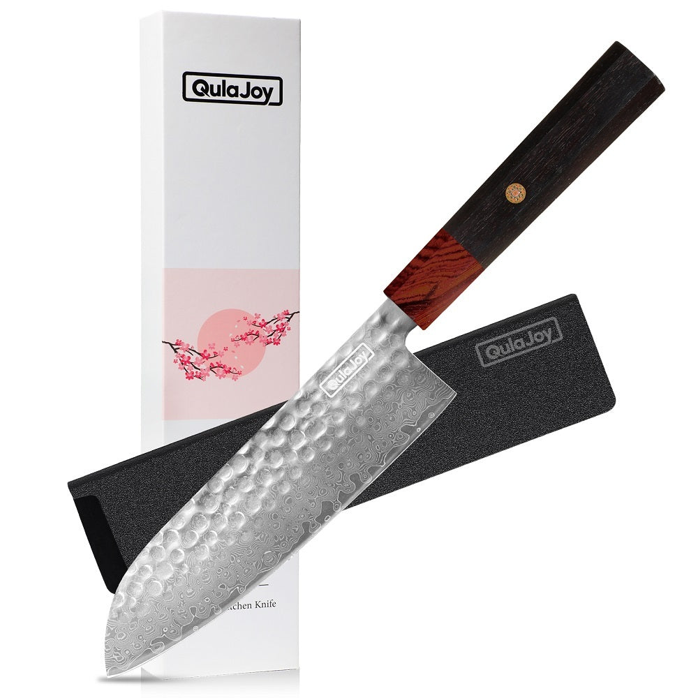 Damascus knife with African rosewood handle featuring hammered blade next to protective black sheath and white box