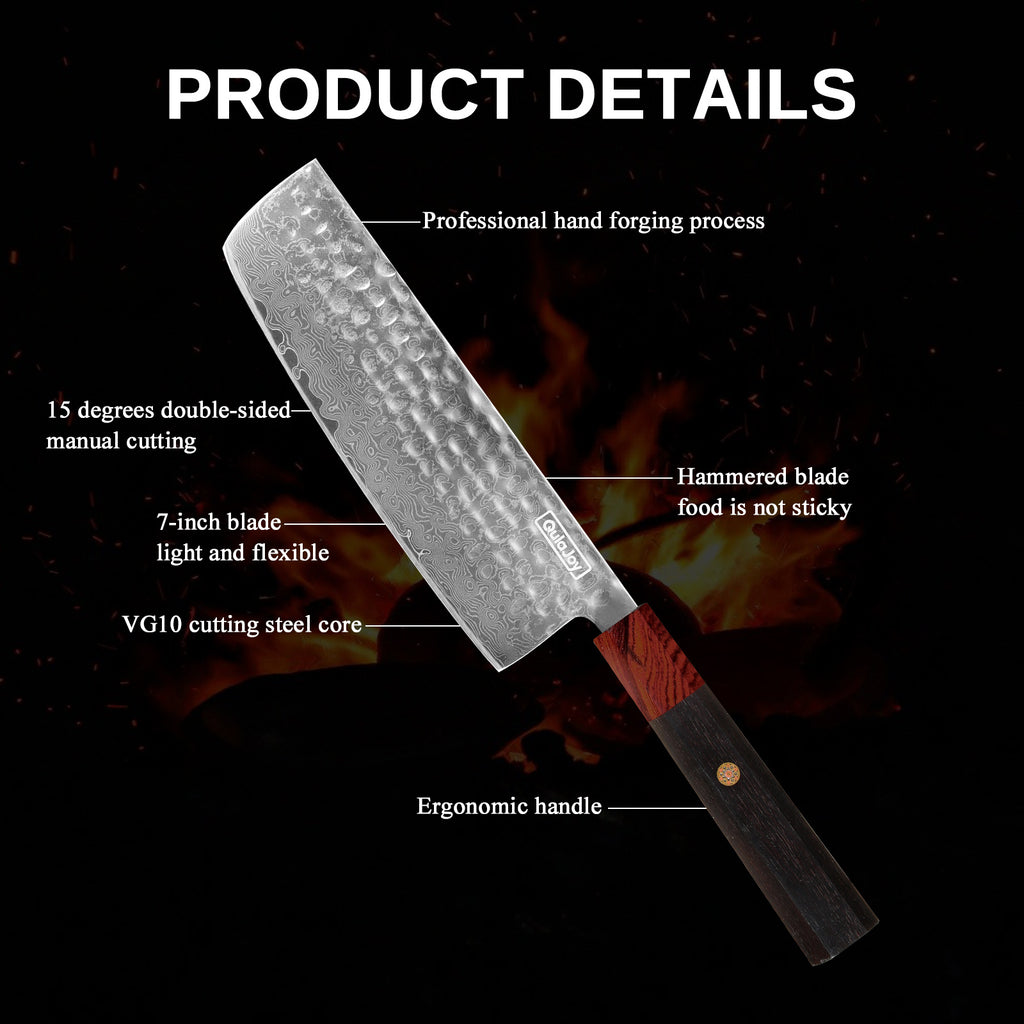 Damascus knife with African rosewood handle featuring hammered blade and ergonomic design