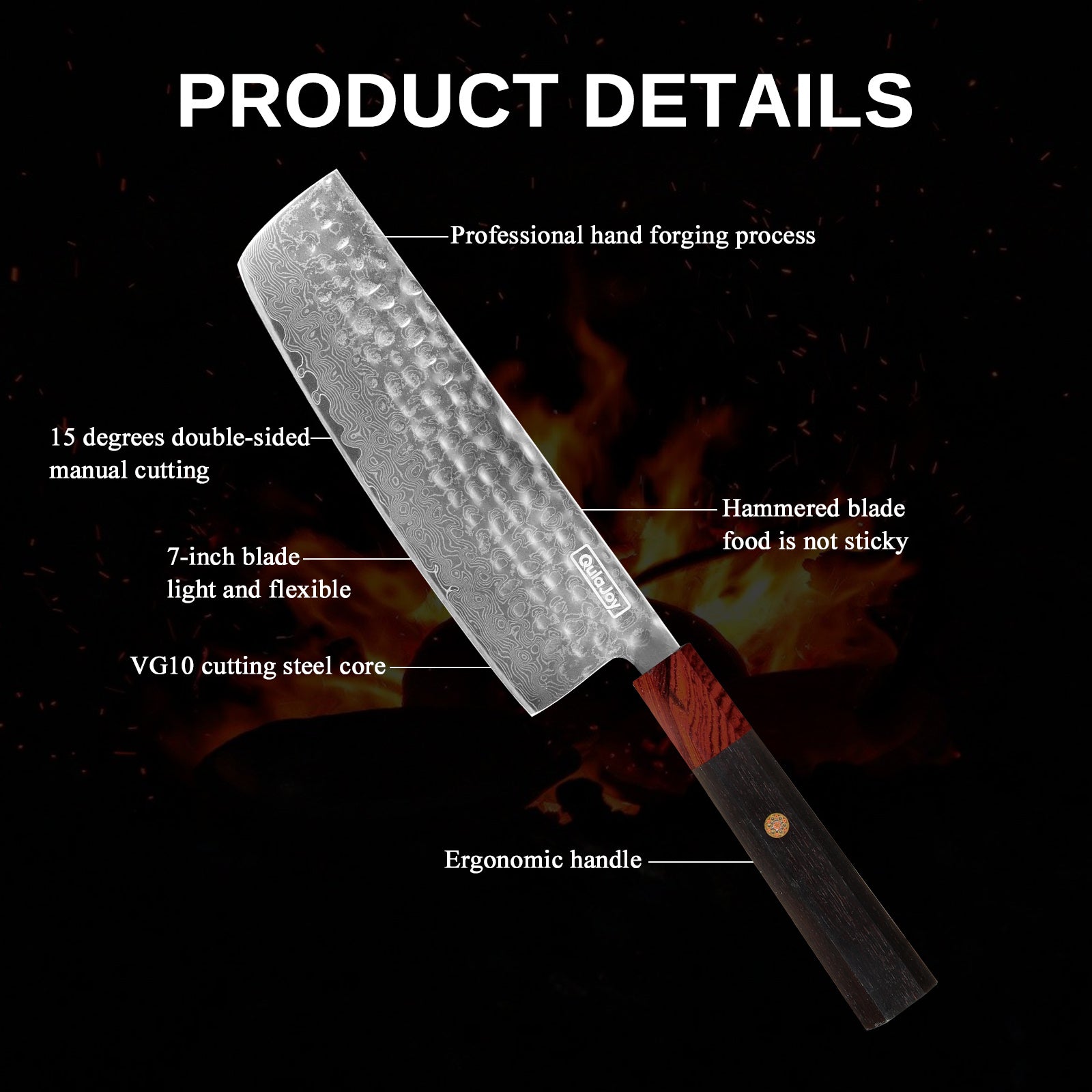 Damascus knife with African rosewood handle featuring hammered blade and ergonomic design
