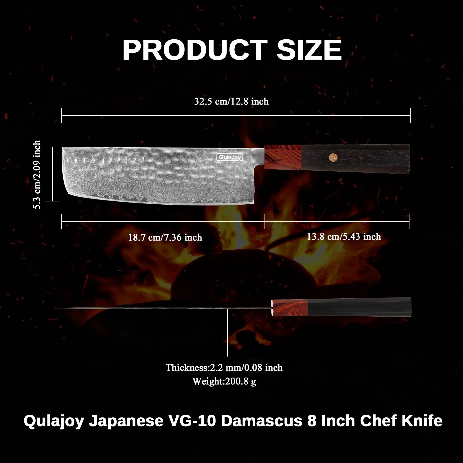 Damascus knife with African rosewood handle showing blade length and knife size measurements