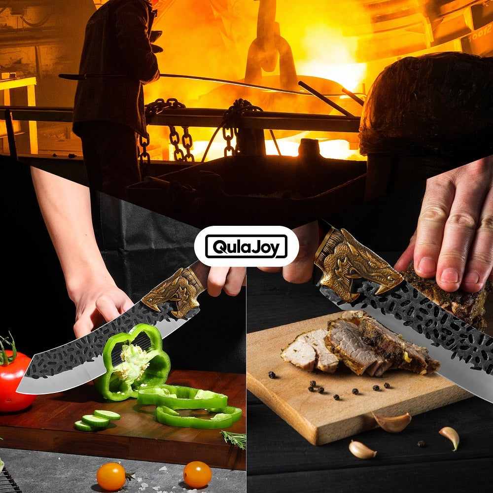Shopi Vella dragon head camping knife with detailed dragon design cutting green bell pepper and meat