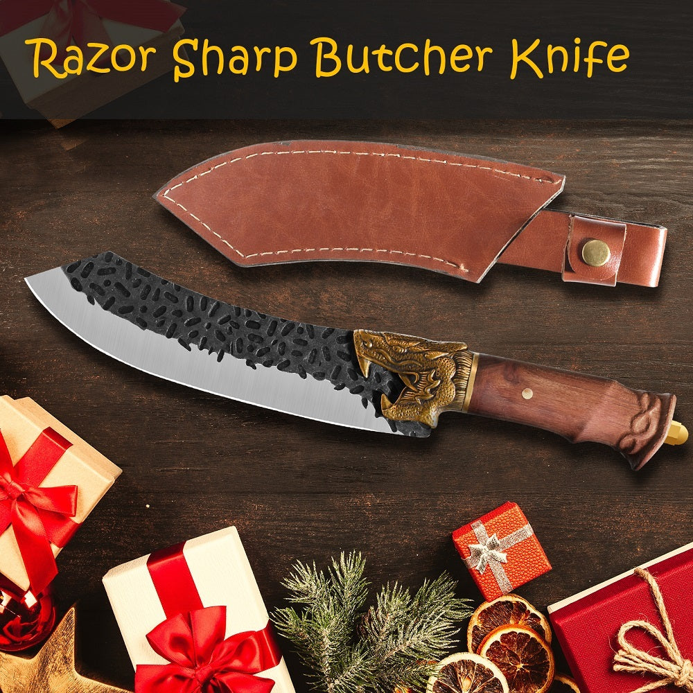 Shopi Vella dragon head camping knife with textured blade and leather sheath on wooden surface