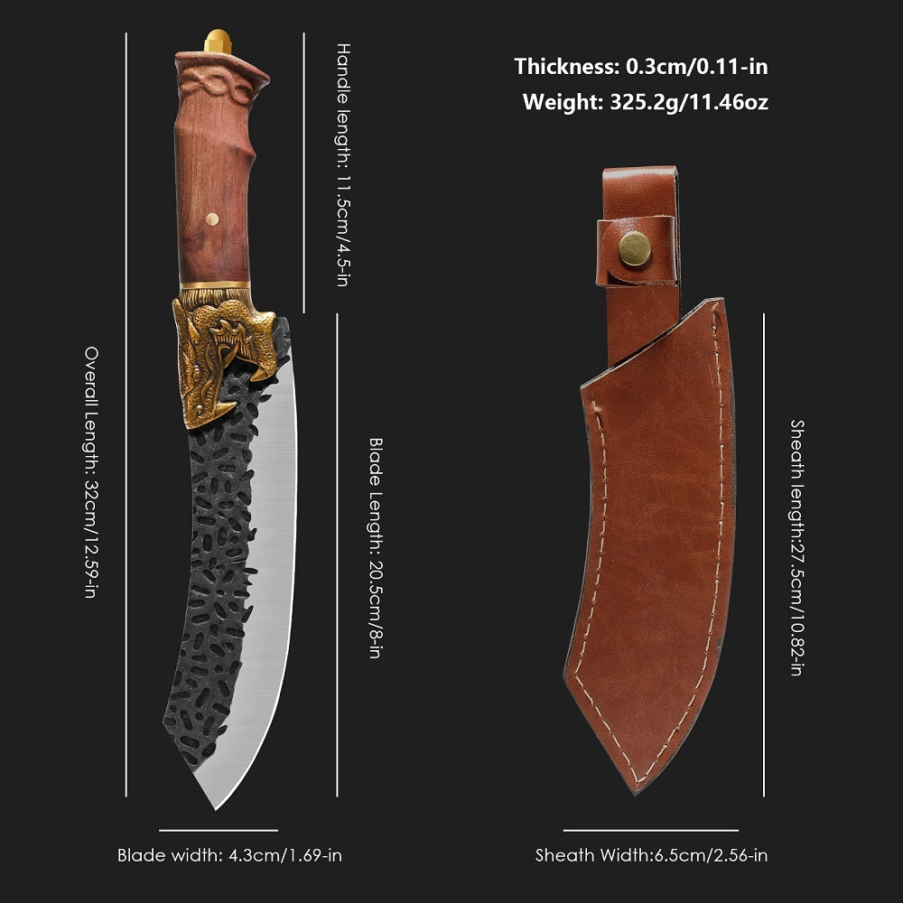 Shopi Vella dragon head camping knife with wooden handle and detailed blade alongside brown leather sheath