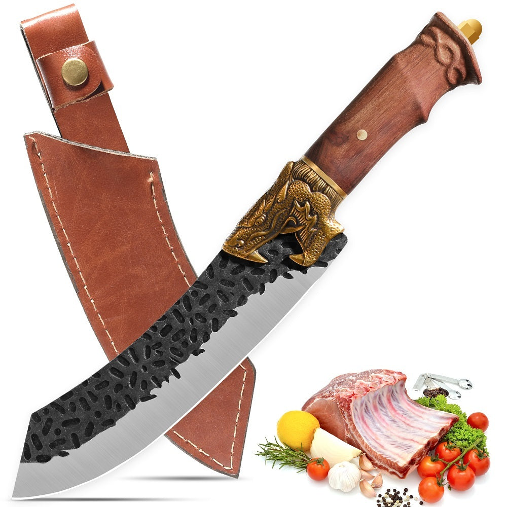 Shopi Vella dragon head camping knife with textured blade and wooden handle with leather sheath
