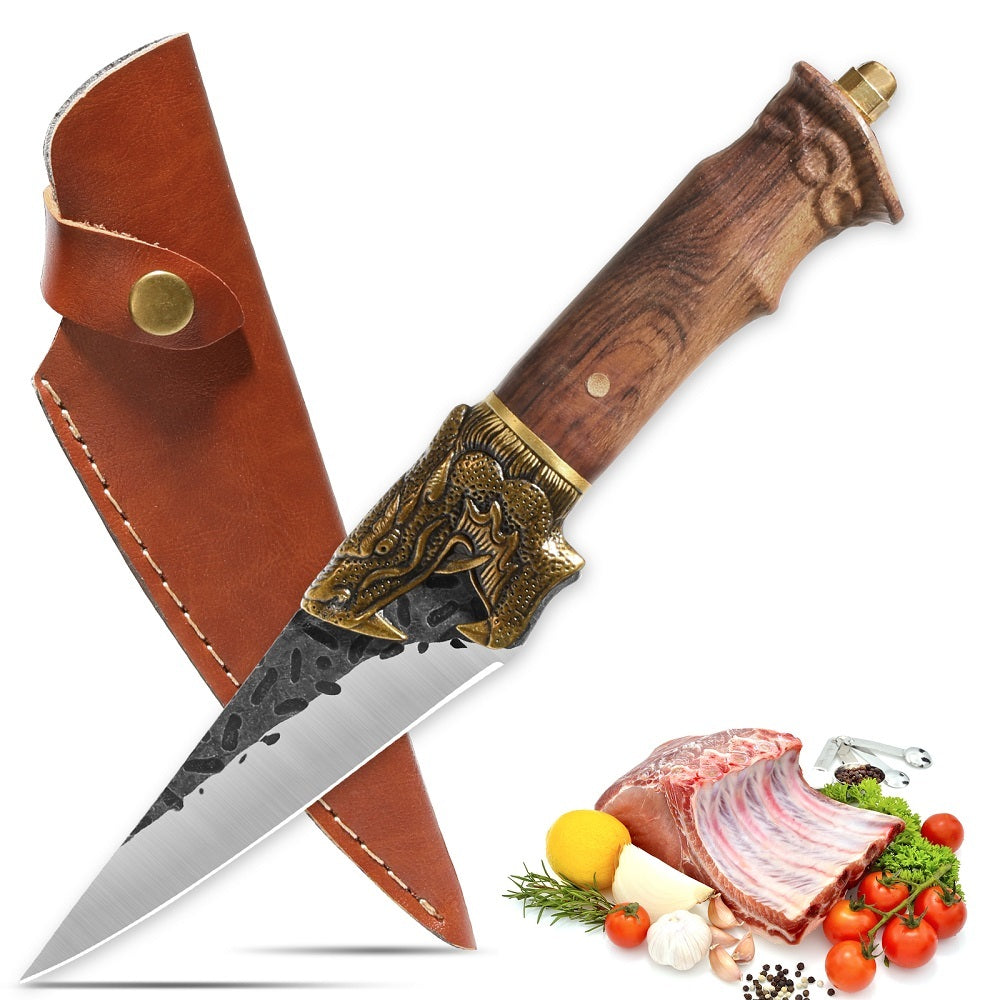 Dragon head camping knife with wooden handle and leather sheath for outdoor and kitchen use
