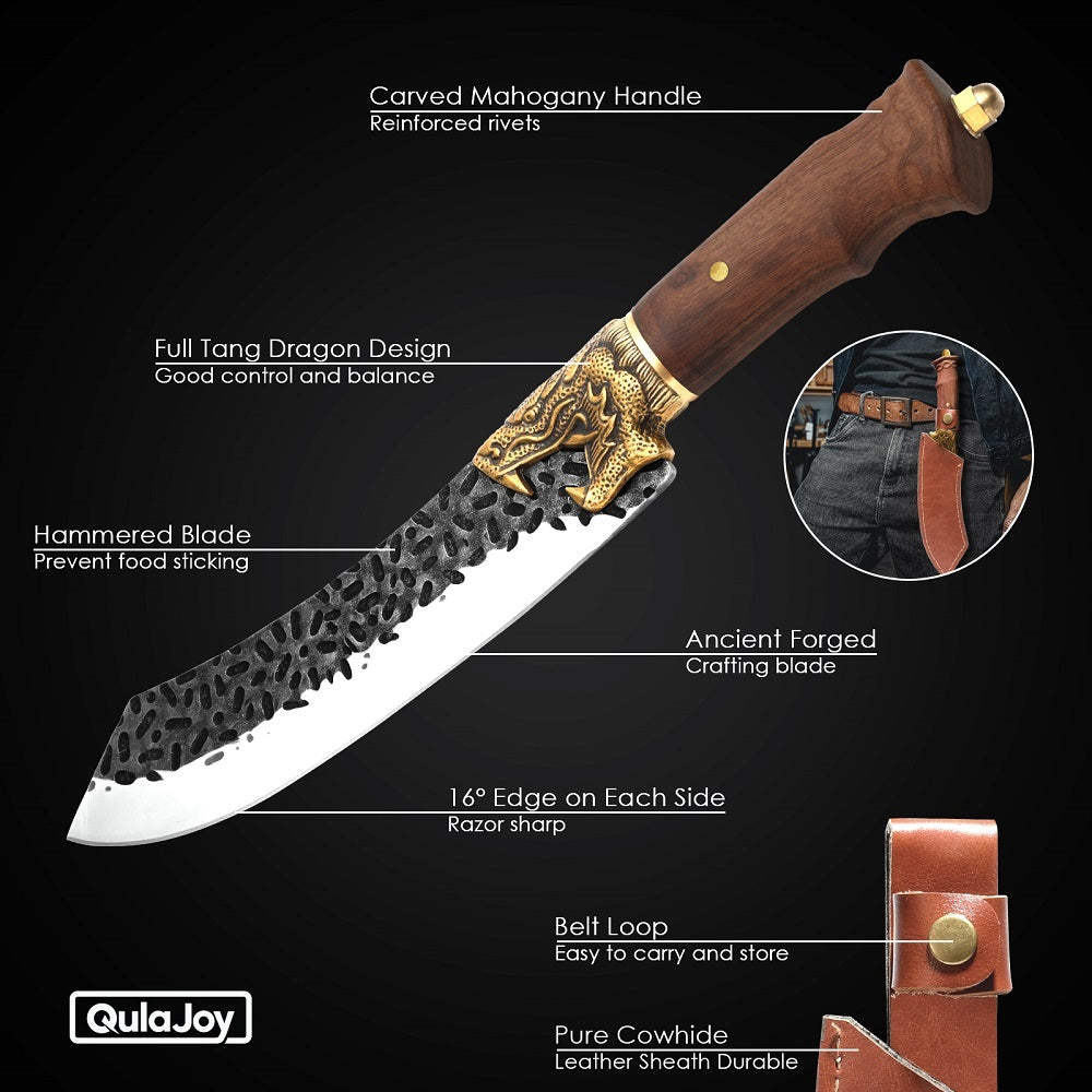 Dragon head camping knife with carved mahogany handle and hammered blade for outdoor use