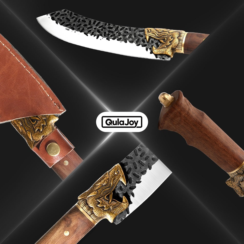 Dragon head camping knife with carved blade and wooden handle, featuring detailed dragon design and leather sheath