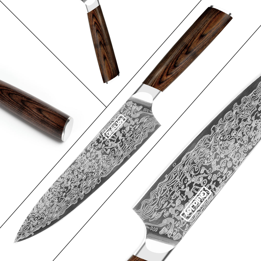 Shopi Vella German steel kitchen knife with patterned blade and wooden handle for precision cutting