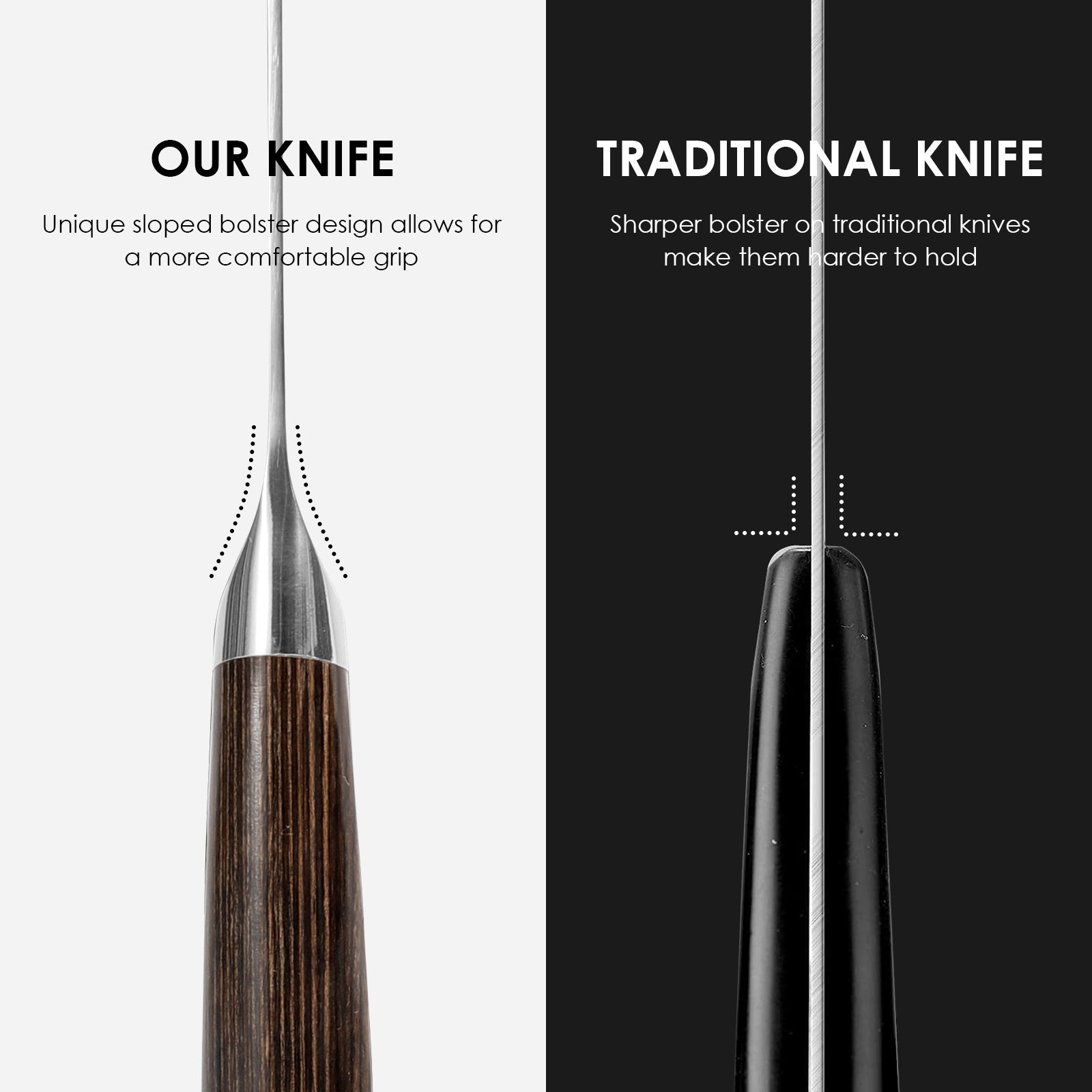 Close-up comparison of Shopi Vella German steel kitchen knife handle versus traditional knife handle showing ergonomic design