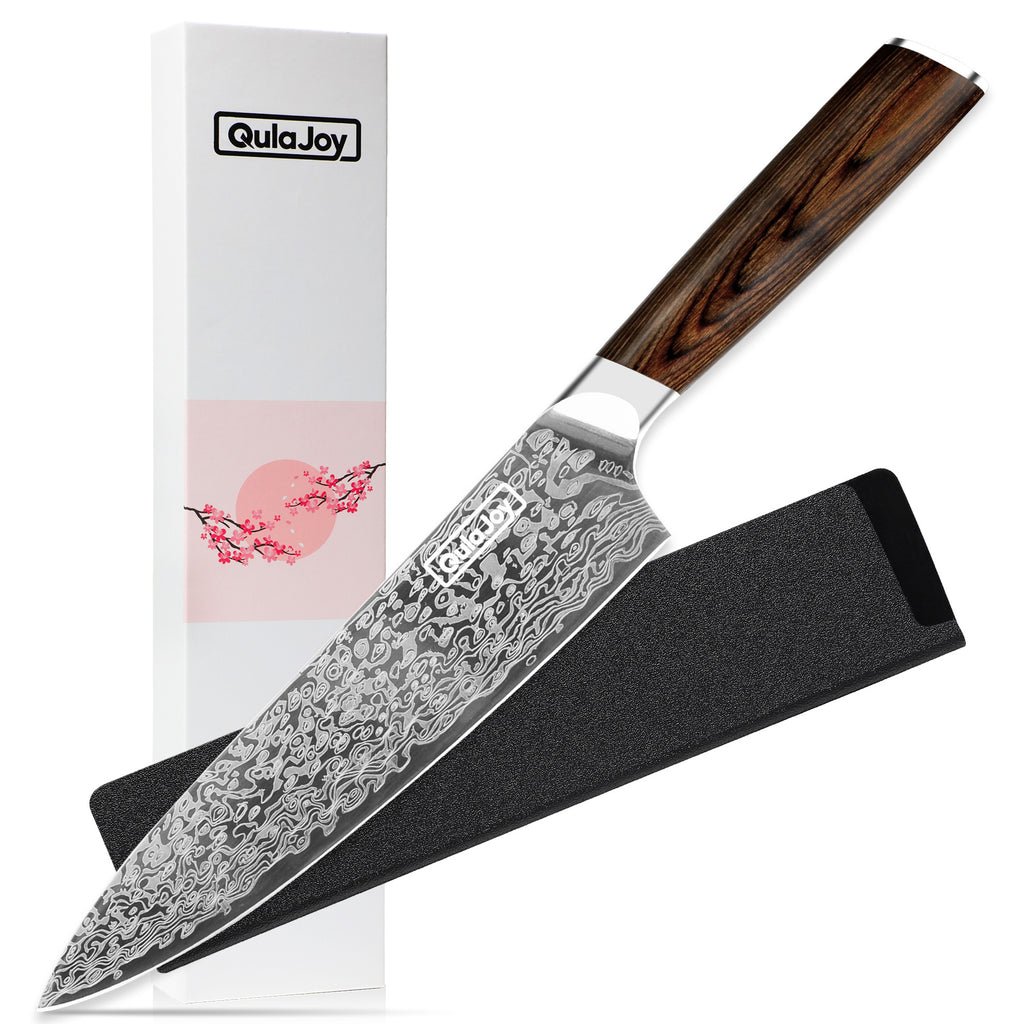 German steel kitchen knife with patterned blade and wooden handle, includes protective black sheath and white box