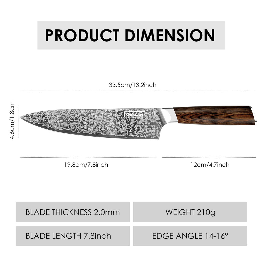 Shopi Vella German steel kitchen knife with 7.8 inch blade and wooden handle showing product dimensions and specifications