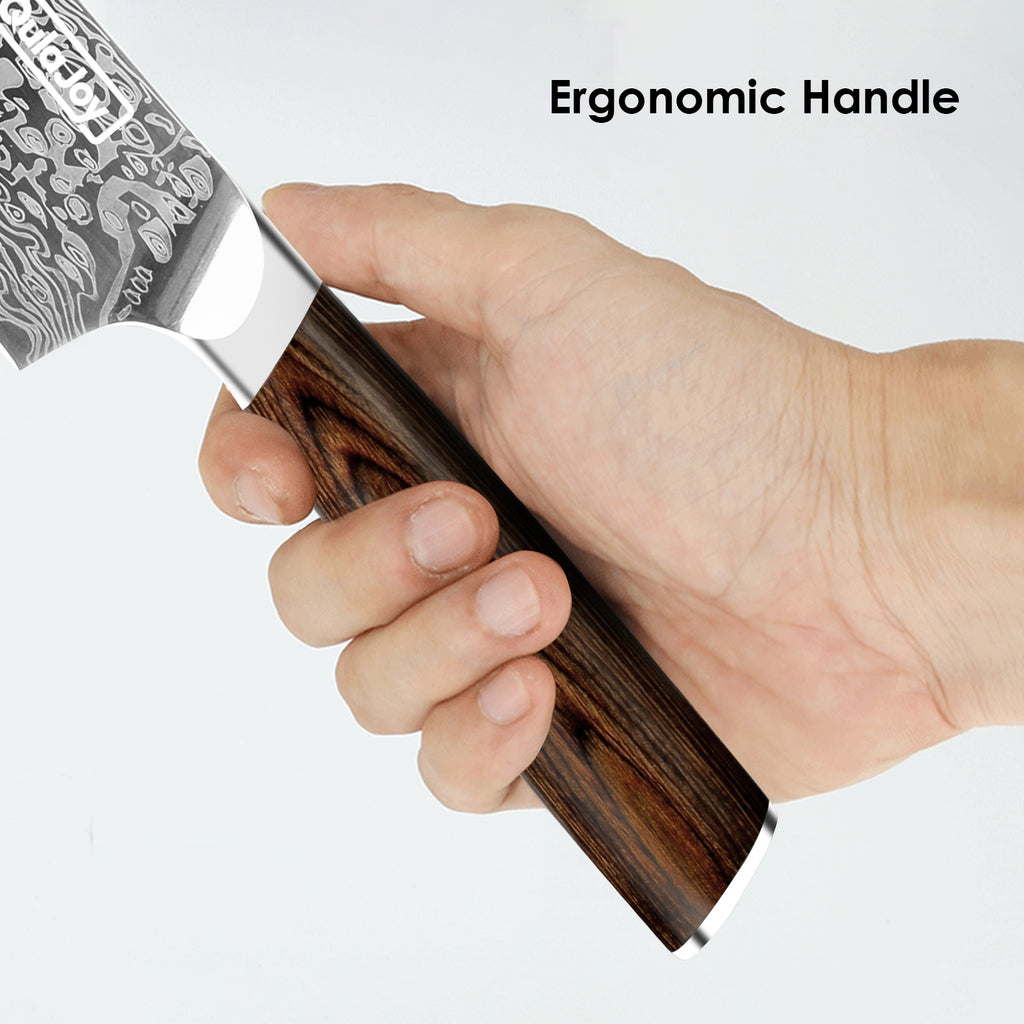 Hand holding German steel kitchen knife with ergonomic dark wood handle by Shopi Vella
