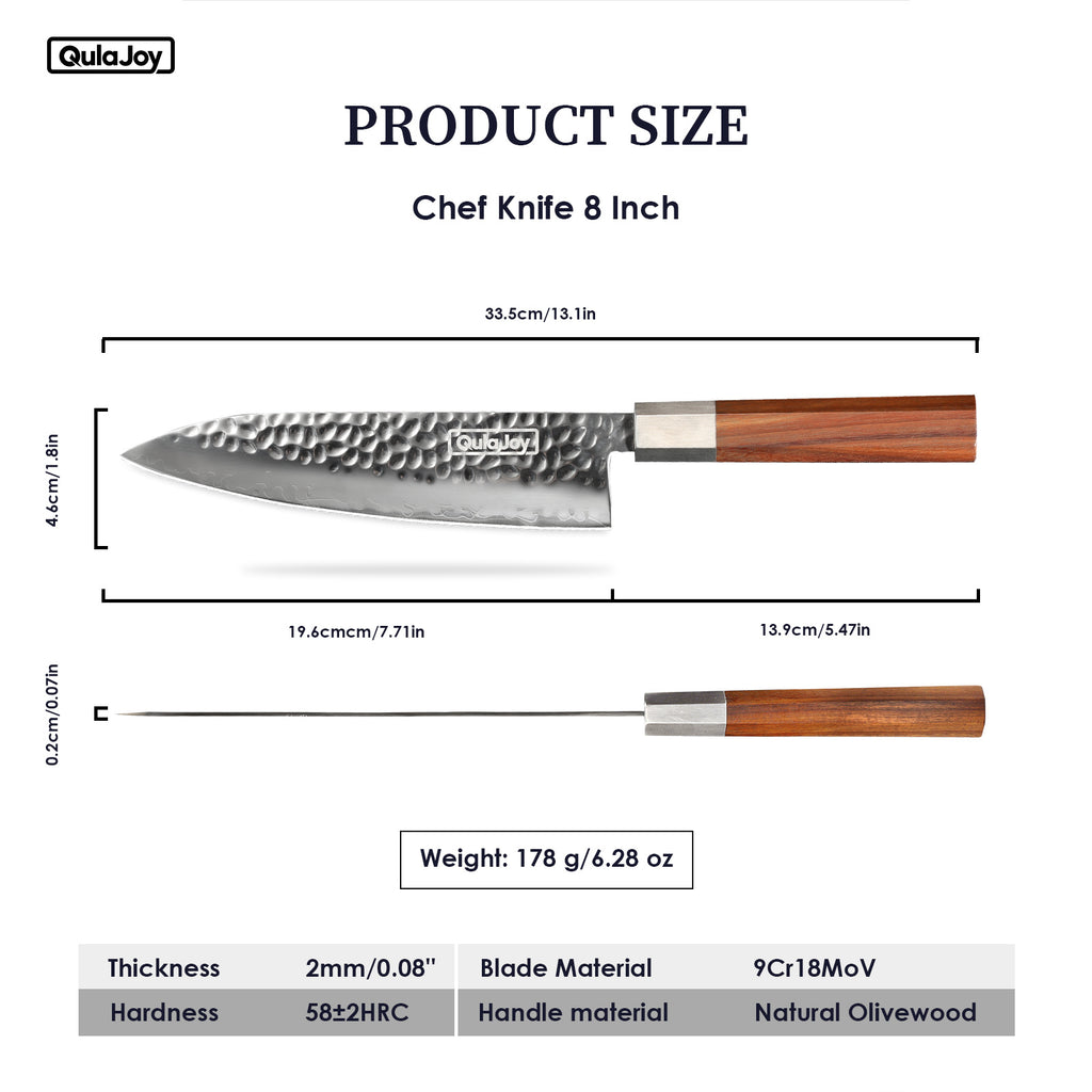 hand forged vegetable knife with olivewood handle showing 8 inch chef knife dimensions and natural olivewood handle