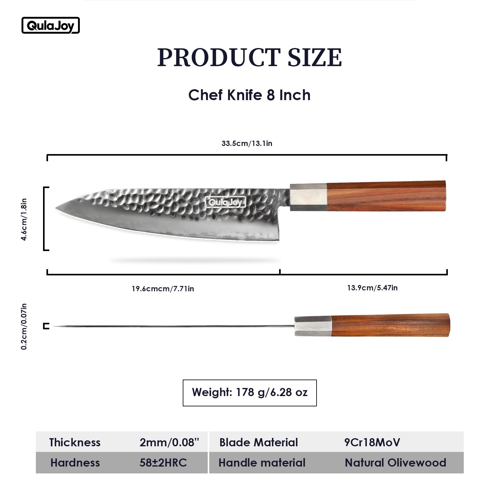 hand forged vegetable knife with olivewood handle showing 8 inch chef knife dimensions and natural olivewood handle