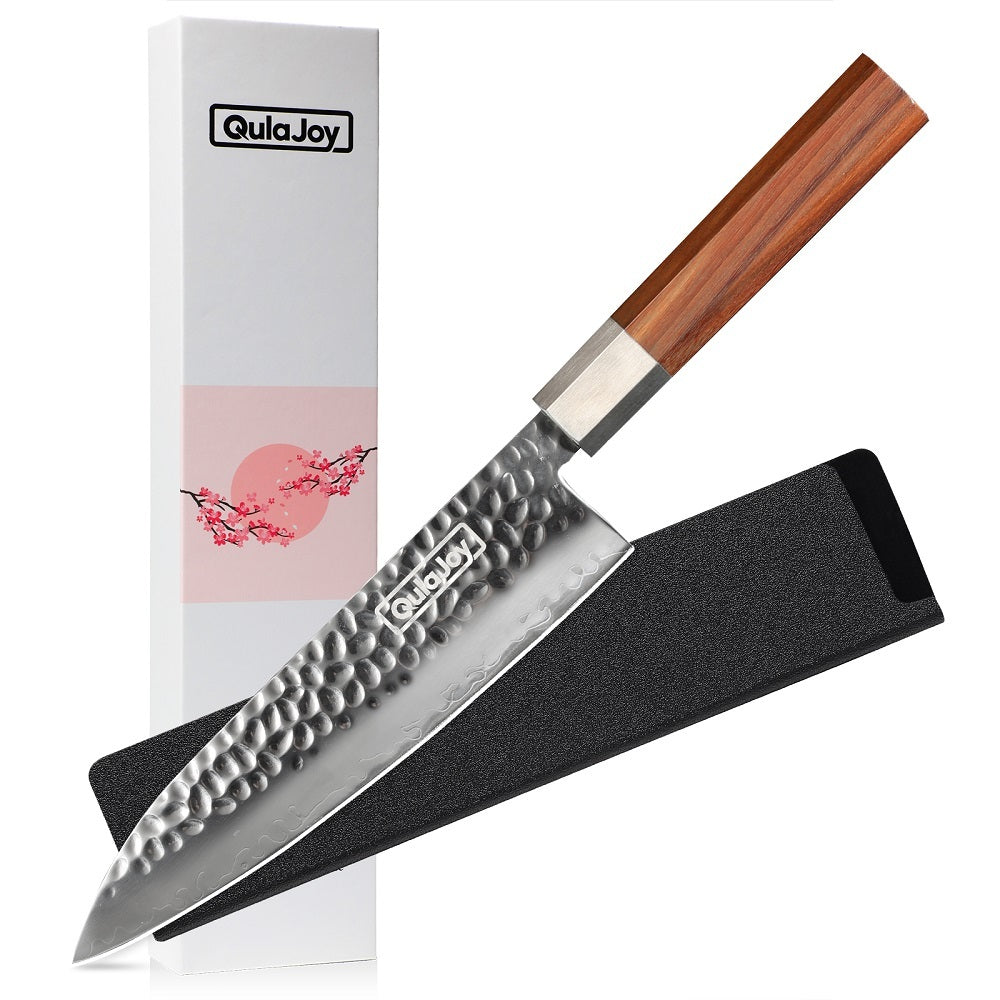Hand forged vegetable knife with olivewood handle and hammered blade with protective sheath