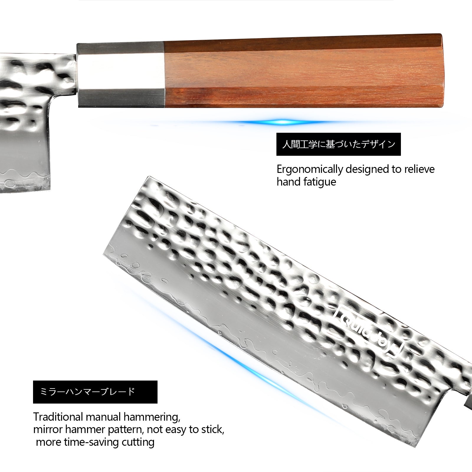 Hand forged vegetable knife with olivewood handle featuring hammered blade and ergonomic design