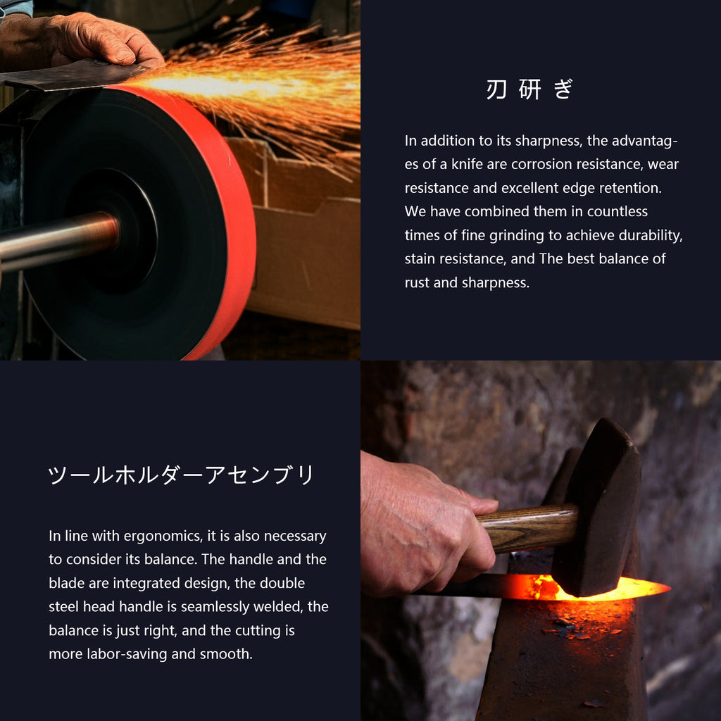 Hand forging process of a vegetable knife with olivewood handle showcasing sparks and hammering