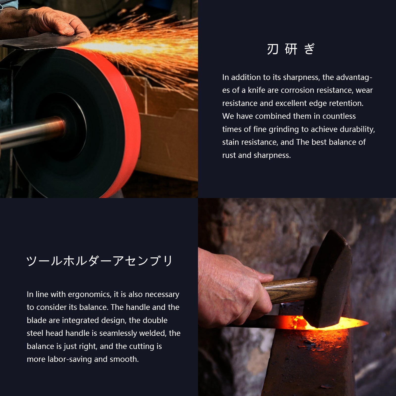 Hand forging process of a vegetable knife with olivewood handle showcasing sparks and hammering