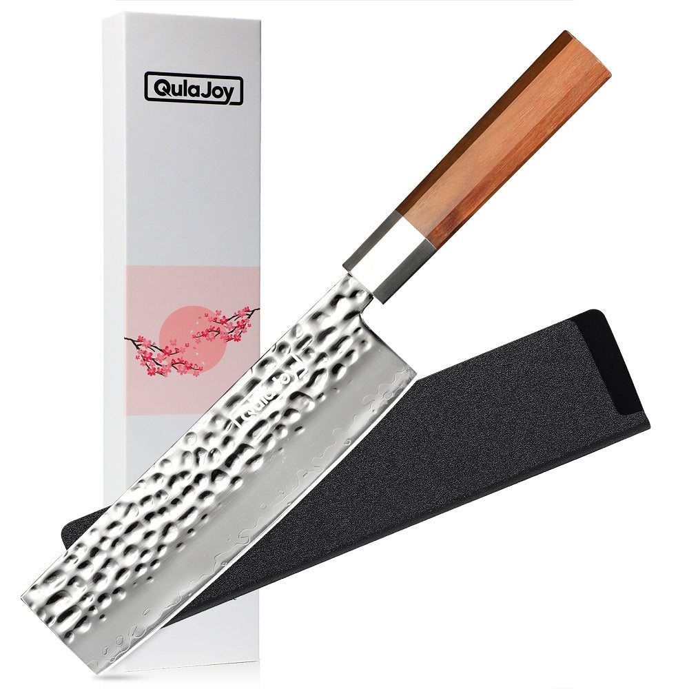 Hand forged vegetable knife with olivewood handle and hammered stainless steel blade with protective sheath