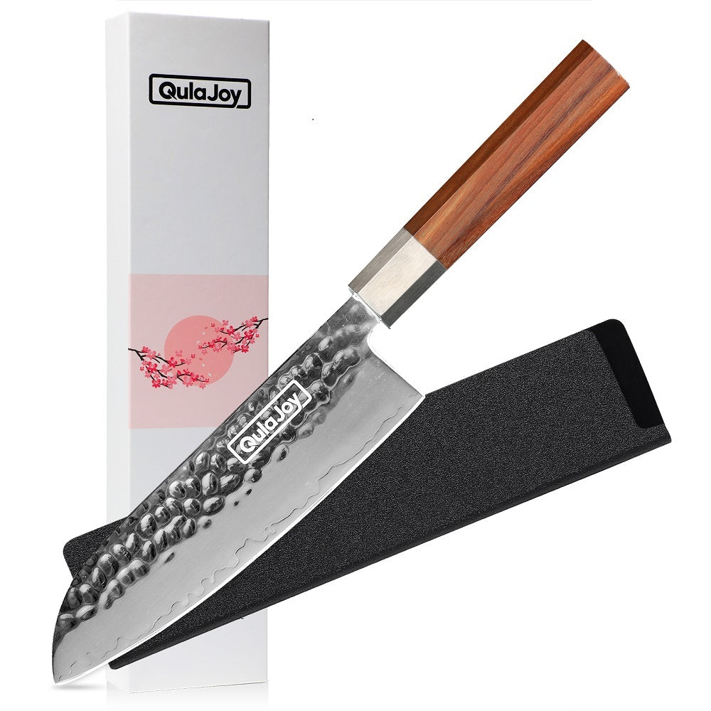Hand forged vegetable knife with olivewood handle and textured blade with protective sheath