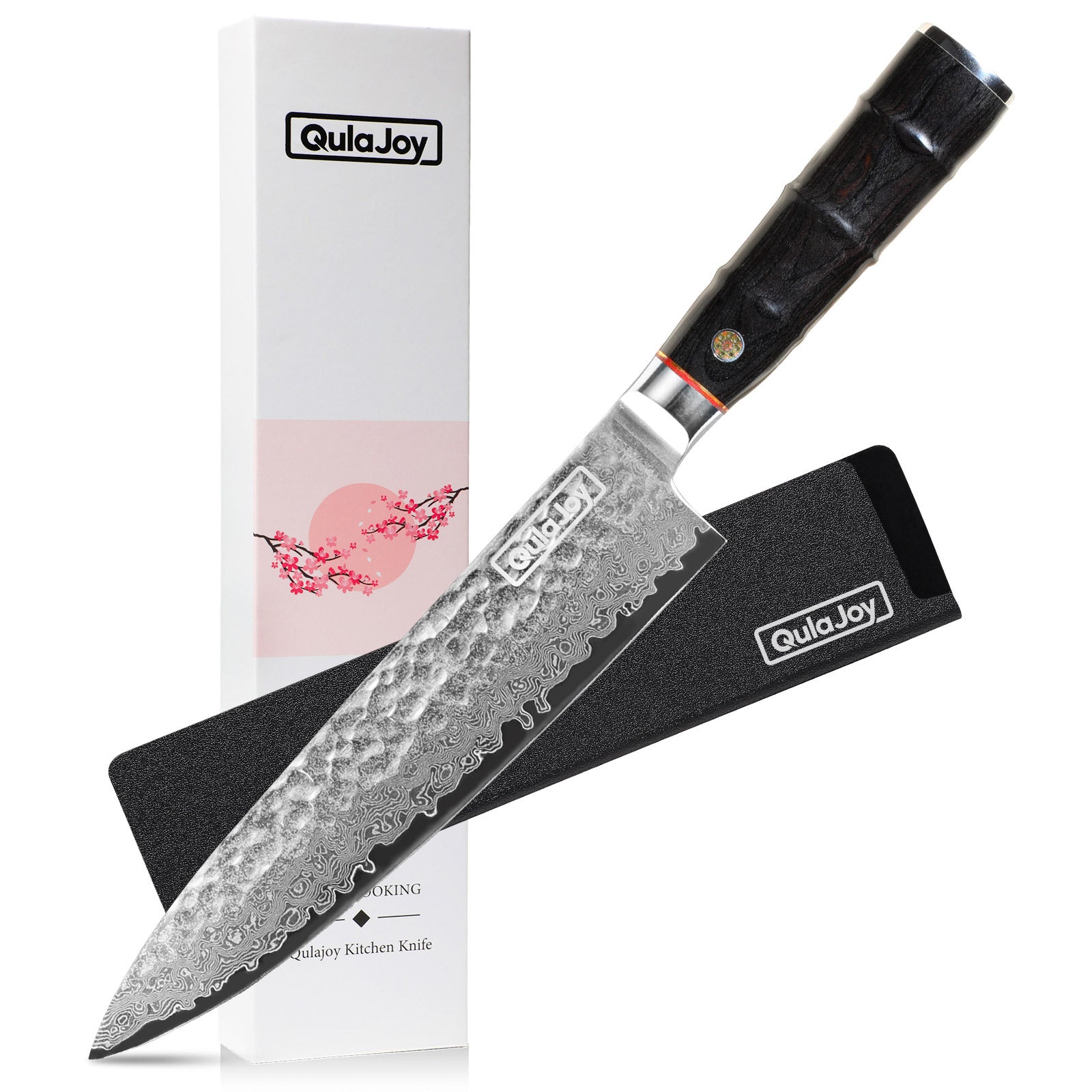 Handcrafted Japanese knife bamboo handle with hammered blade and protective sheath by Shopi Vella