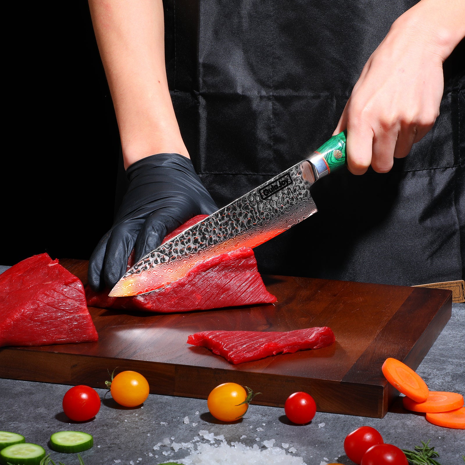 Hand using handcrafted Japanese knife bamboo handle to slice fresh red meat on wooden cutting board