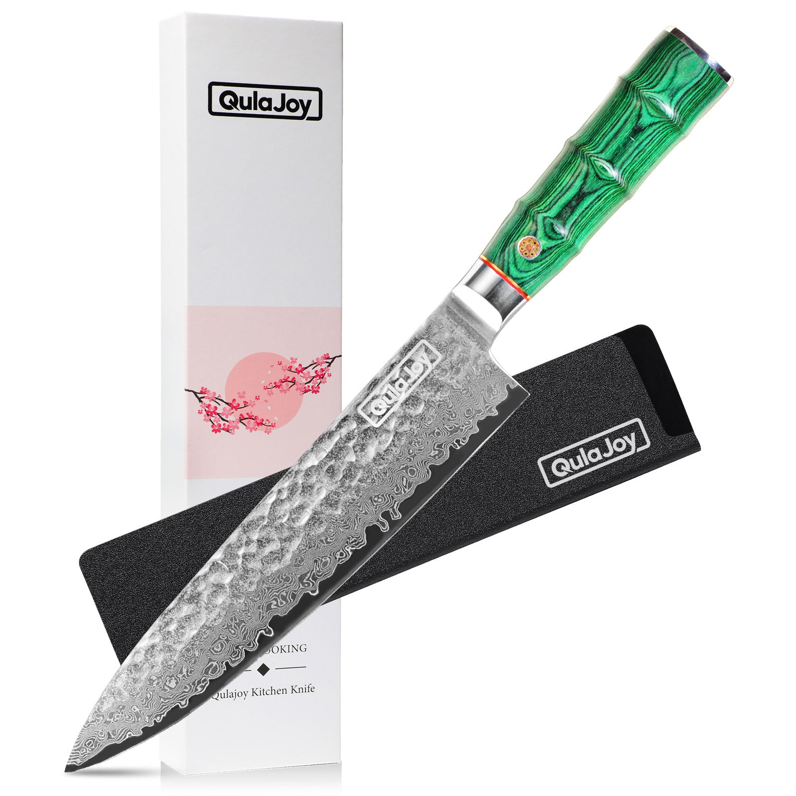 Shopi Vella handcrafted Japanese knife bamboo handle with damascus steel blade and green bamboo-style handle