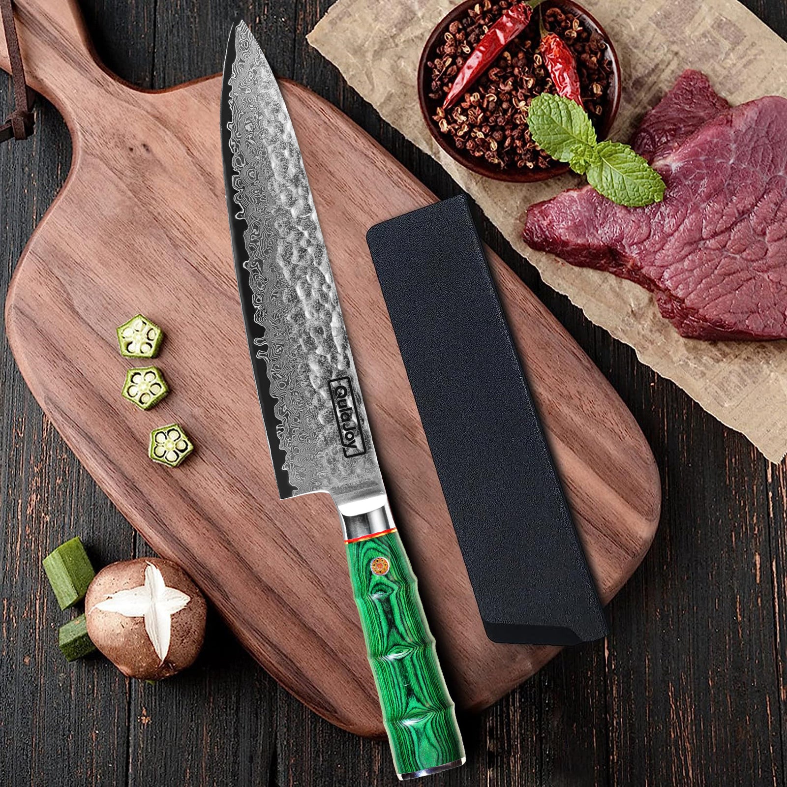 Handcrafted Japanese knife bamboo handle with hammered blade on wooden cutting board beside fresh ingredients