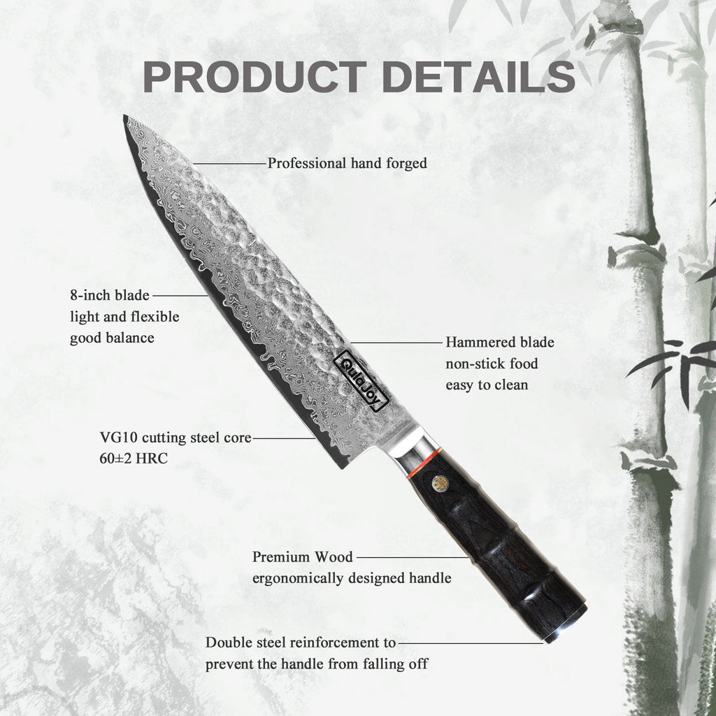 Handcrafted Japanese knife bamboo handle with hammered 8-inch VG10 steel blade and ergonomic wood grip
