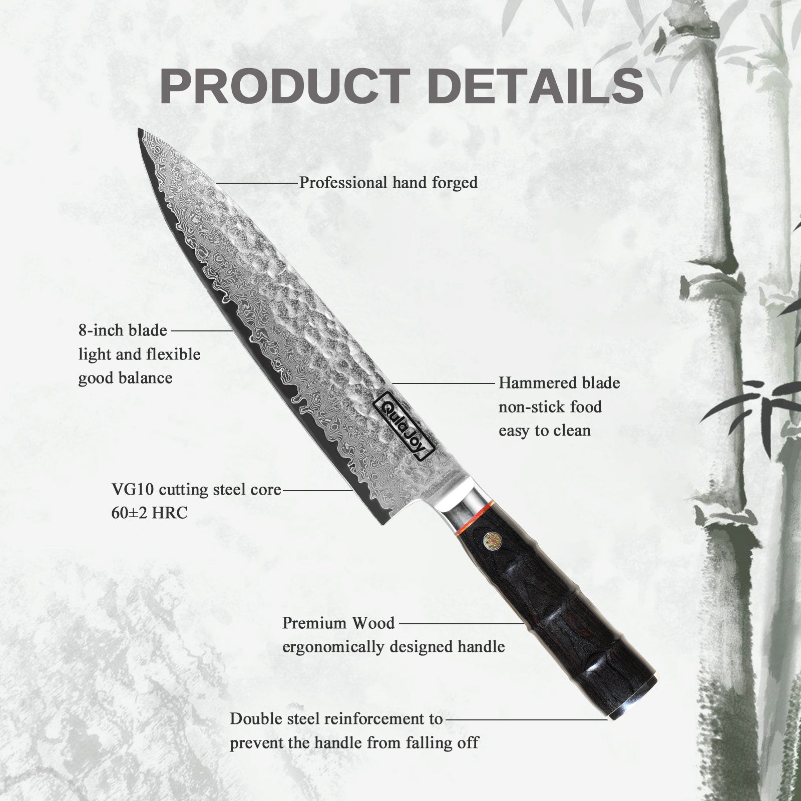 Handcrafted Japanese knife bamboo handle with hammered 8-inch VG10 steel blade and ergonomic wood grip