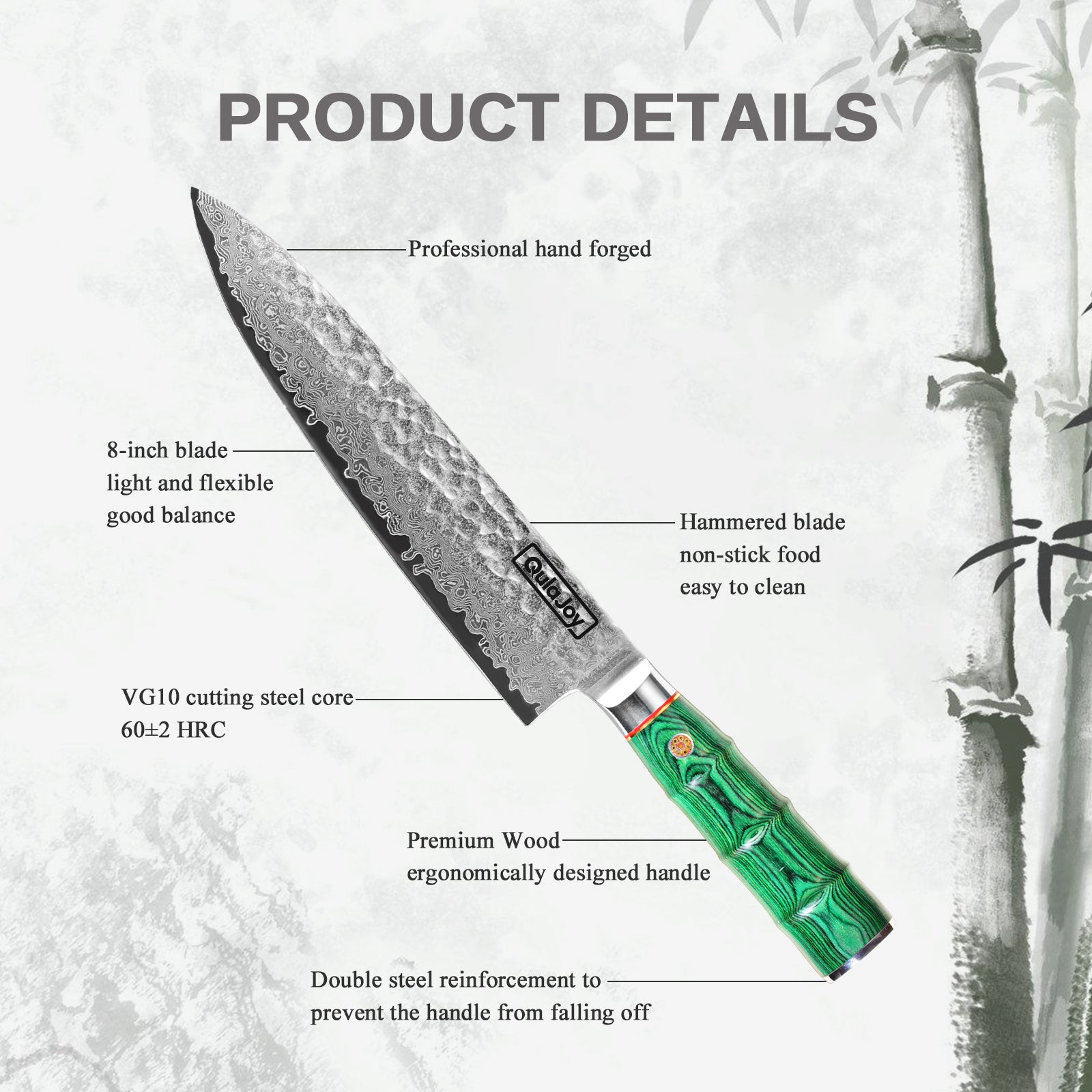 Handcrafted Japanese knife bamboo handle with 8-inch hammered VG10 steel blade and ergonomic green wood handle