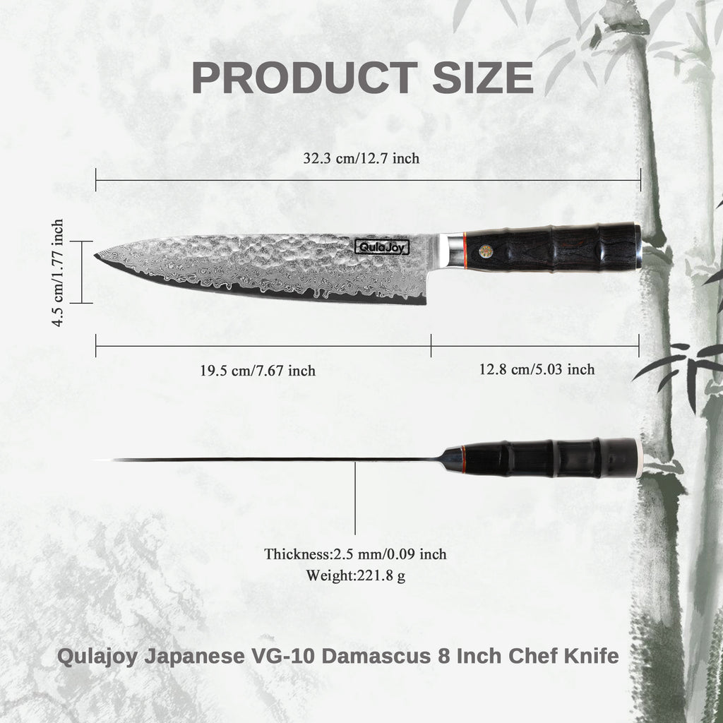 Handcrafted Japanese knife bamboo handle with VG-10 Damascus blade and detailed size measurements