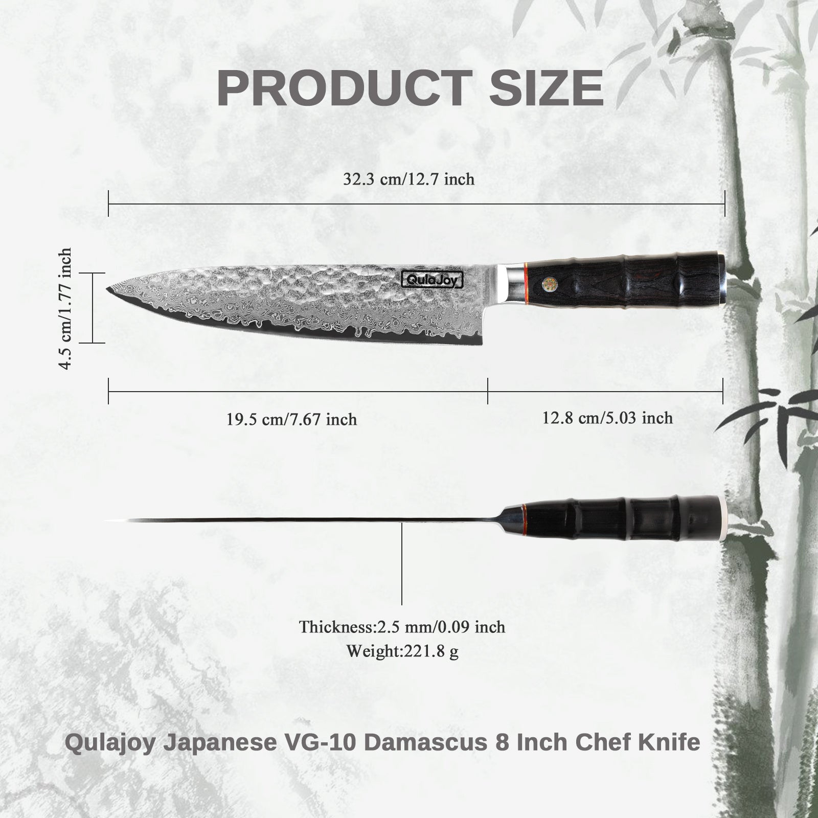 Handcrafted Japanese knife bamboo handle with VG-10 Damascus blade and detailed size measurements
