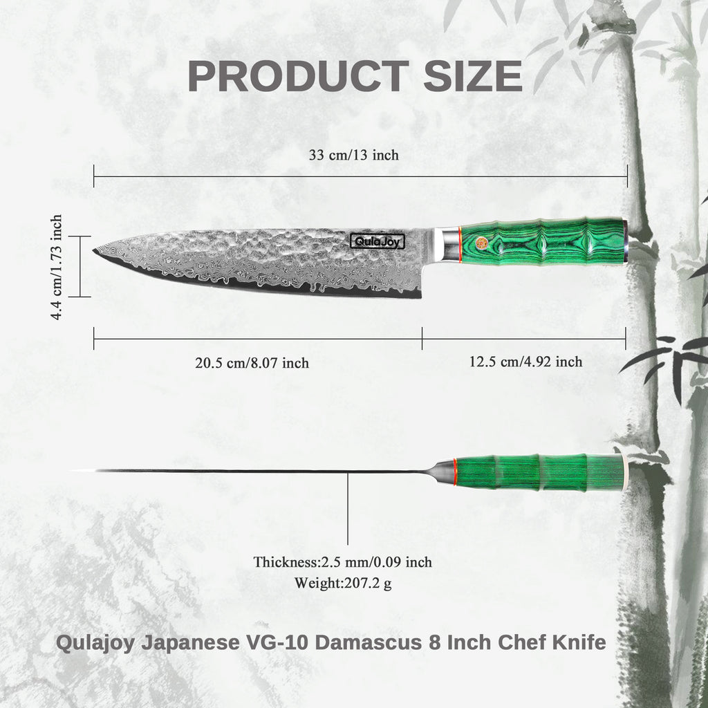 Handcrafted Japanese knife bamboo handle with VG-10 Damascus steel 8 inch chef blade and green bamboo handle