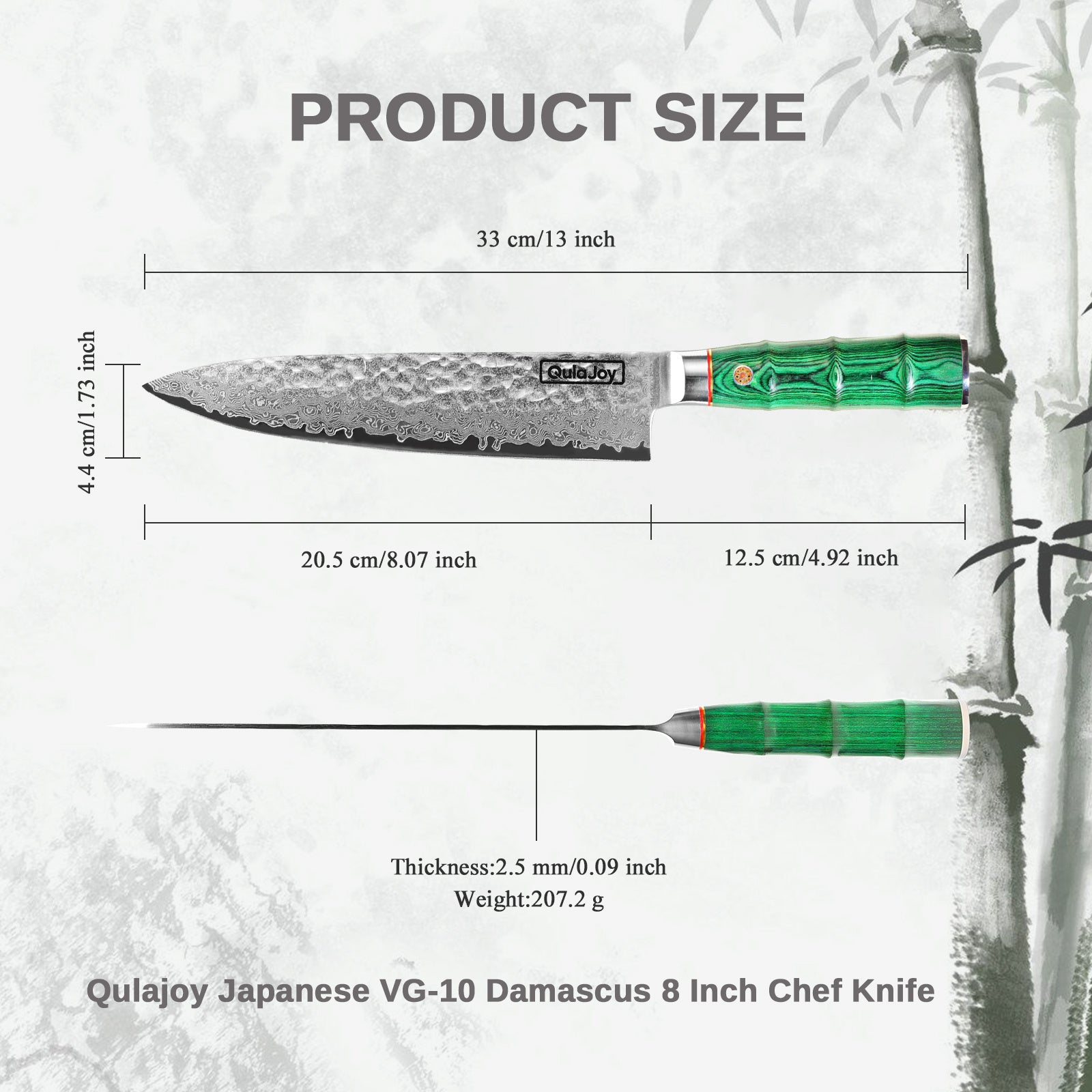 Handcrafted Japanese knife bamboo handle with VG-10 Damascus steel 8 inch chef blade and green bamboo handle