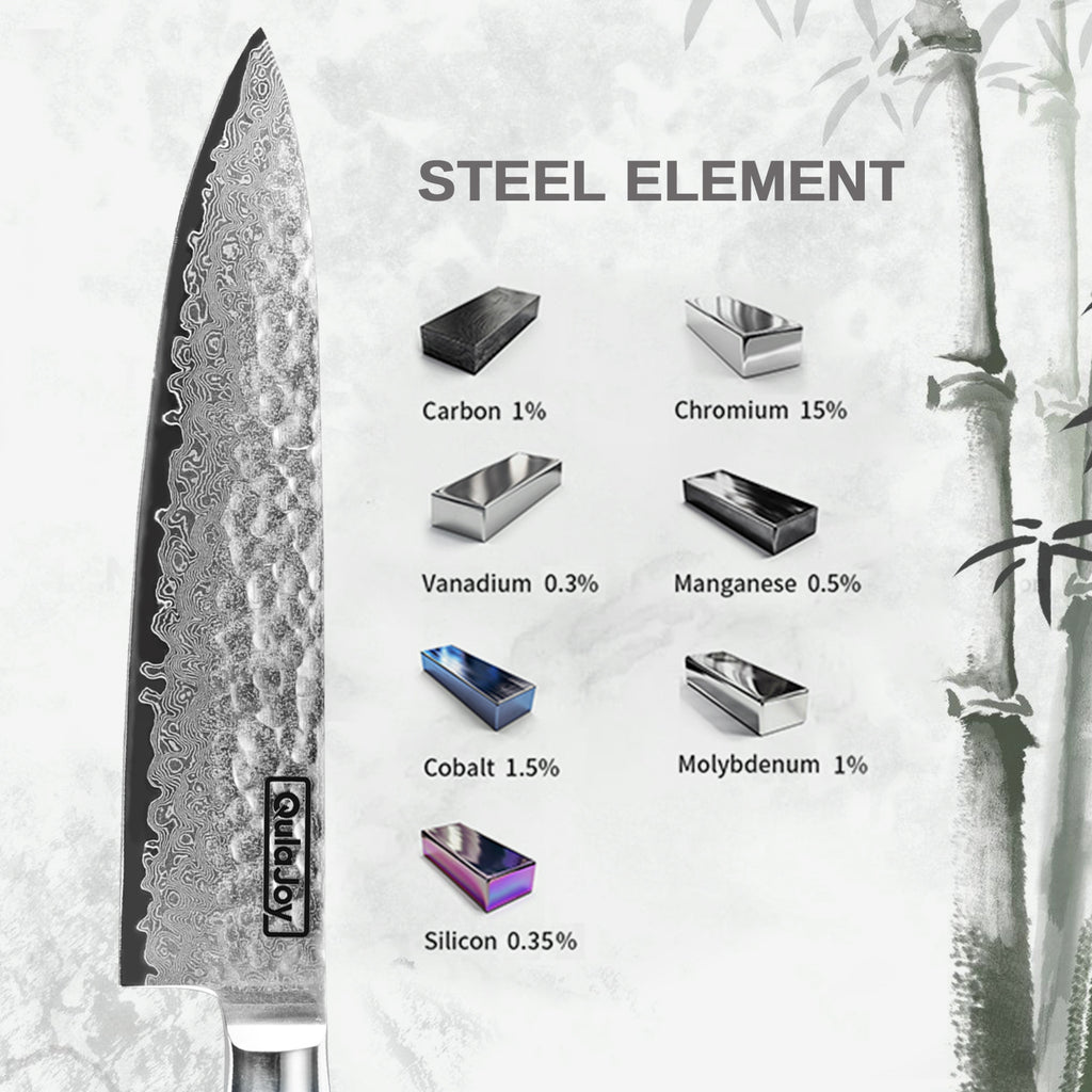 Handcrafted Japanese knife bamboo handle with detailed steel blade showing its elemental composition