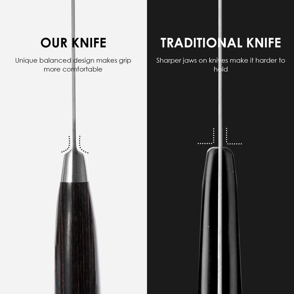 Comparison of Shopi Vella Japanese chef knife for home cooking with traditional knife showing balanced grip design