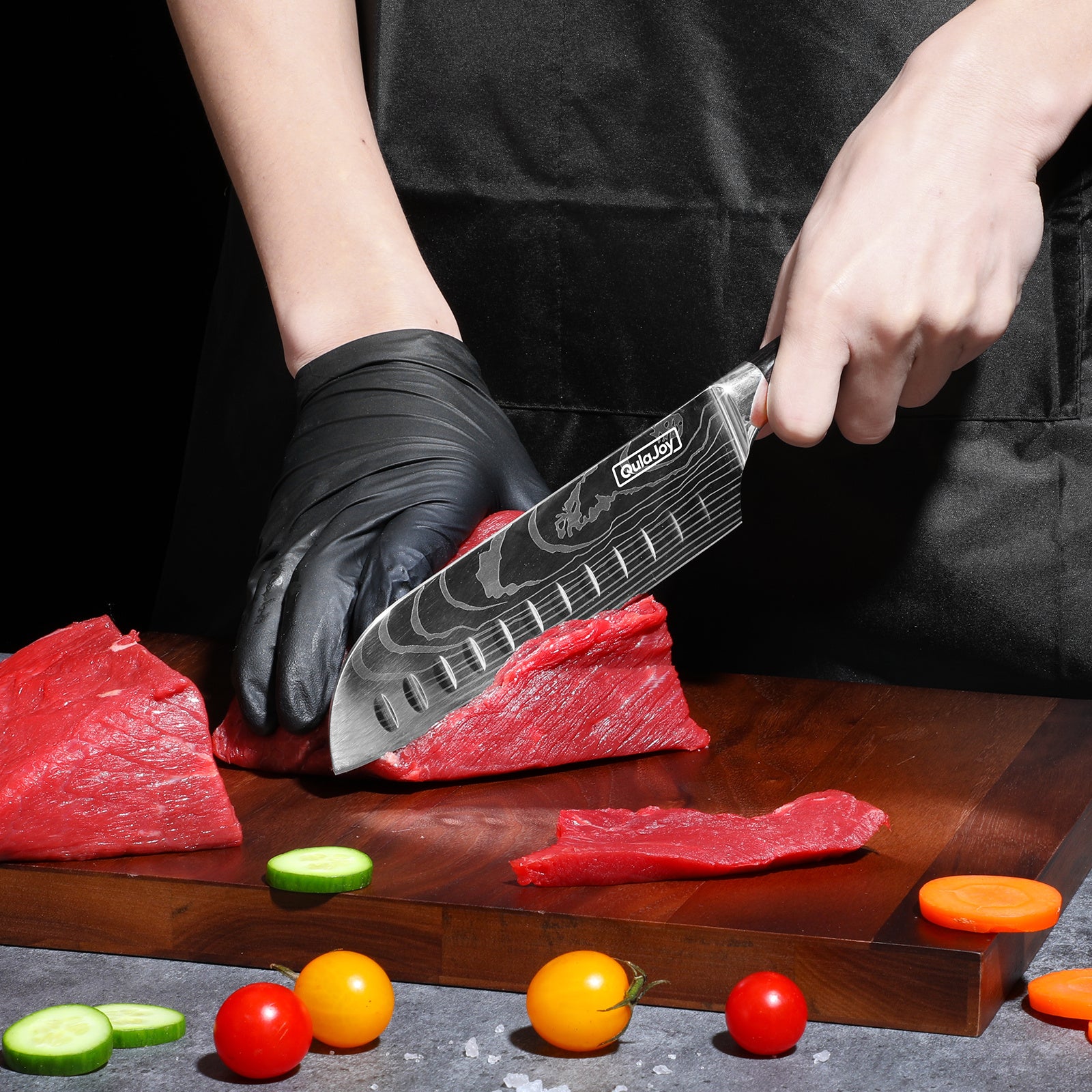 Japanese chef knife for home cooking cutting fresh beef on wooden board with vegetables nearby