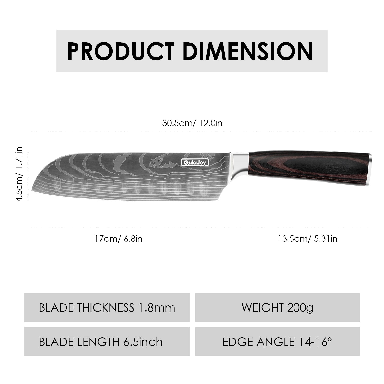 Japanese chef knife for home cooking with 6.5 inch blade and wooden handle showing product dimensions