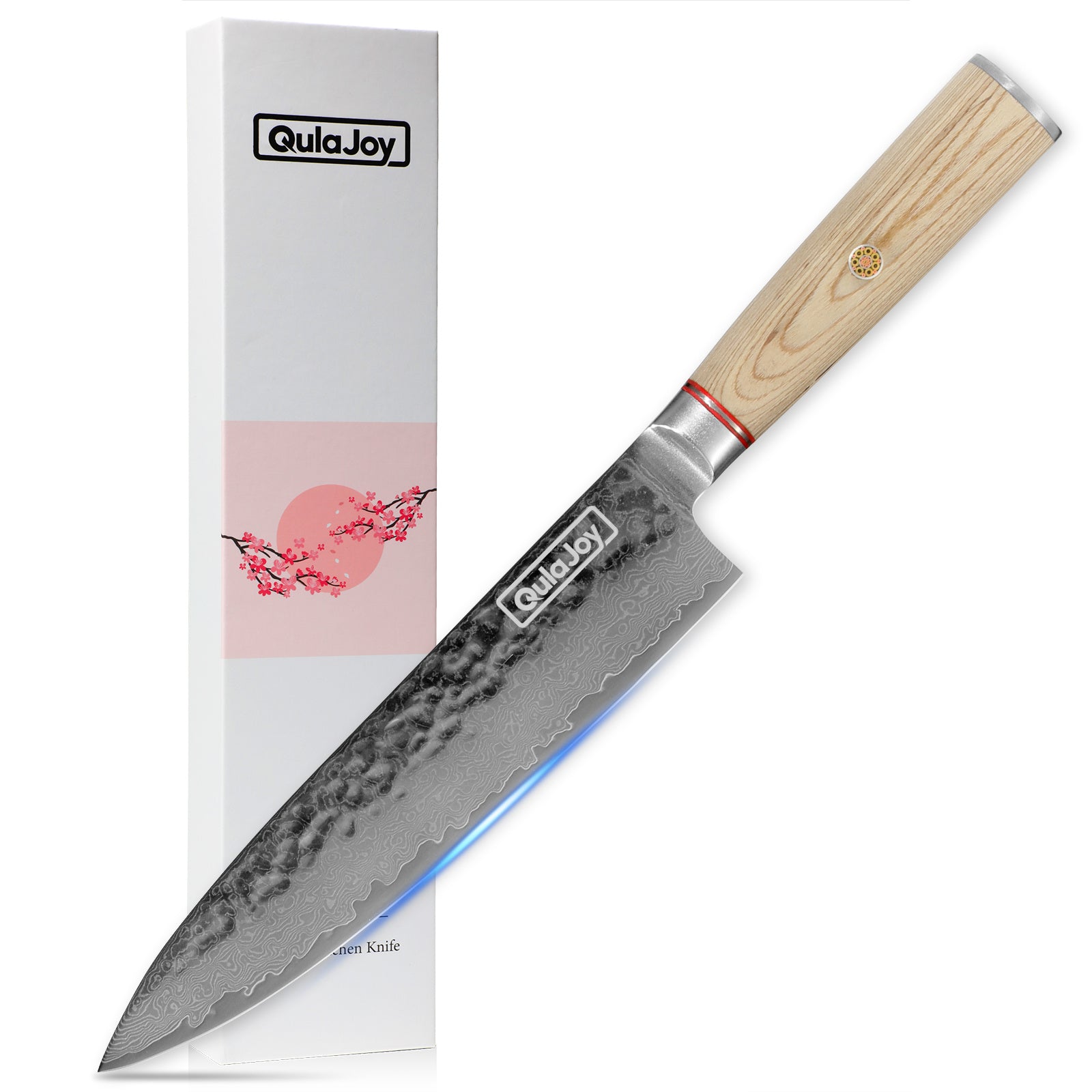 Nakiri knife Japanese vegetable with hammered blade and wooden handle by Shopi Vella next to decorative box
