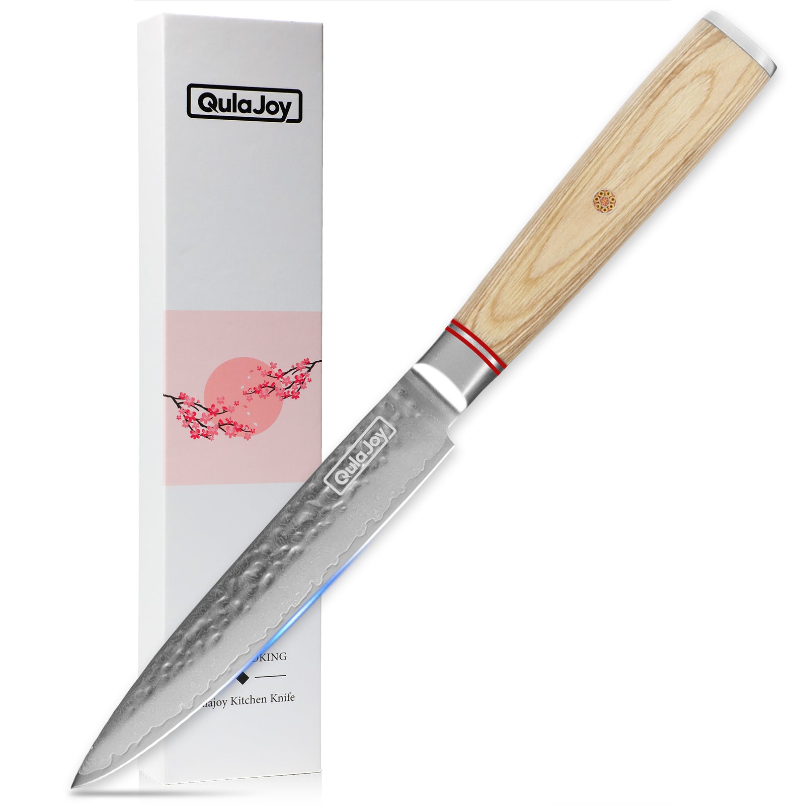Nakiri knife Japanese vegetable with hammered steel blade and light wooden handle by Shopi Vella