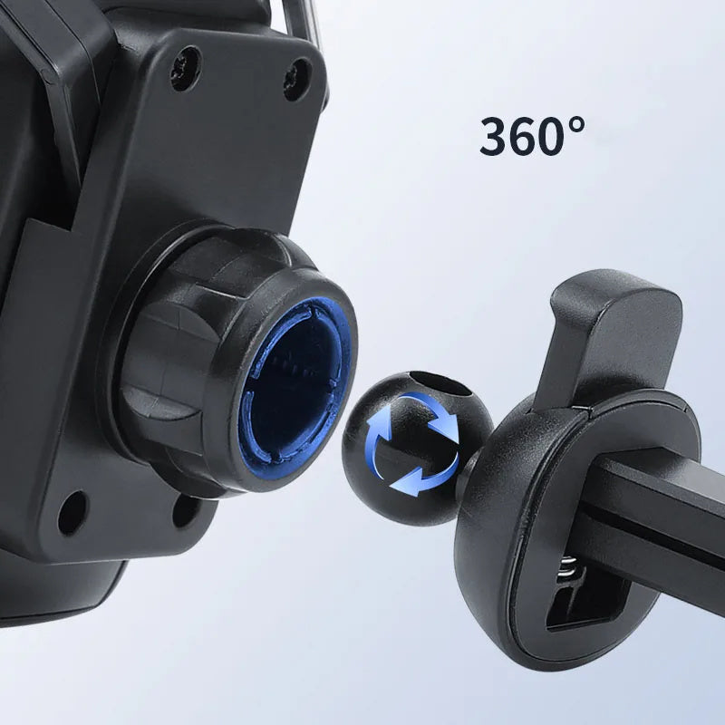 Shopi Vella racing seat car phone holder showing 360 degree rotation mechanism in black