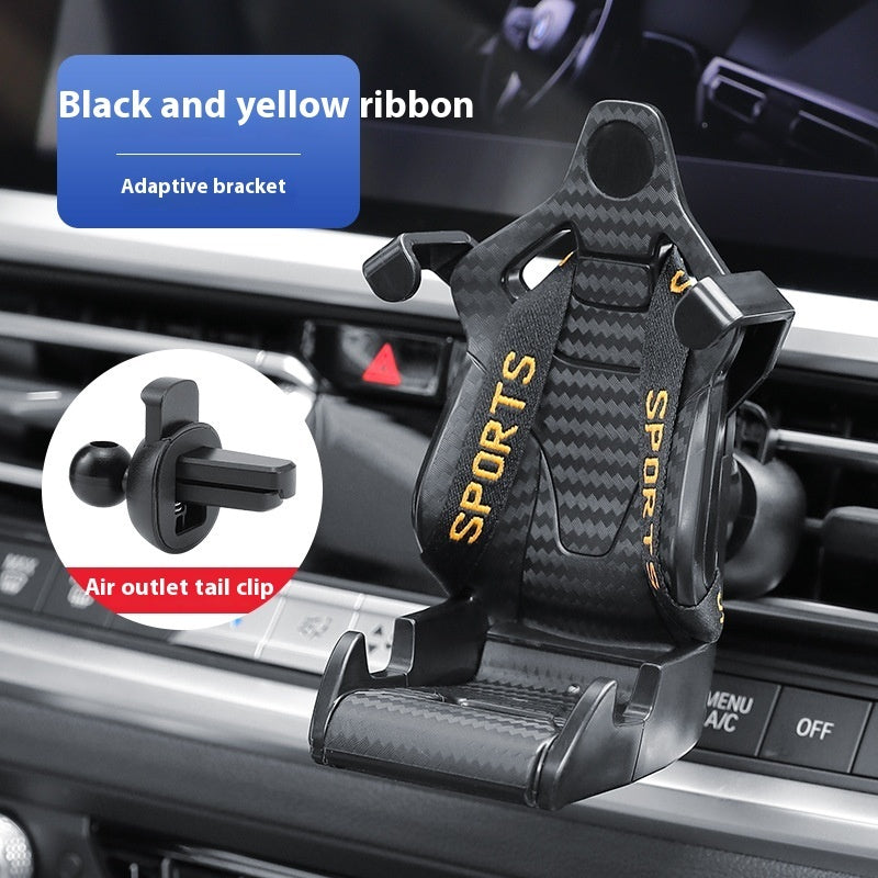 Racing seat car phone holder with black and yellow ribbon and air outlet tail clip for car air vent