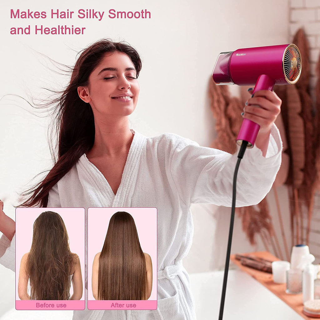 Woman using Shopi Vella fast drying ionic hair dryer for travel making hair silky smooth and healthier