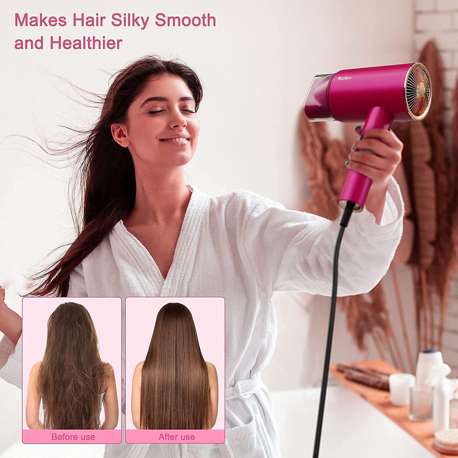 Woman using Shopi Vella fast drying ionic hair dryer for travel making hair silky smooth and healthier