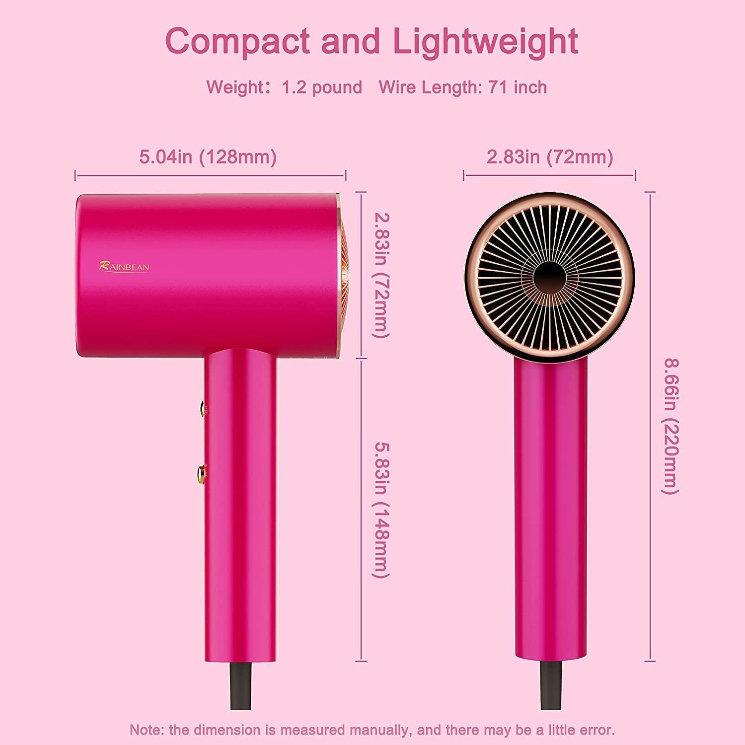Compact fast drying ionic hair dryer for travel in pink with detailed dimensions and lightweight design