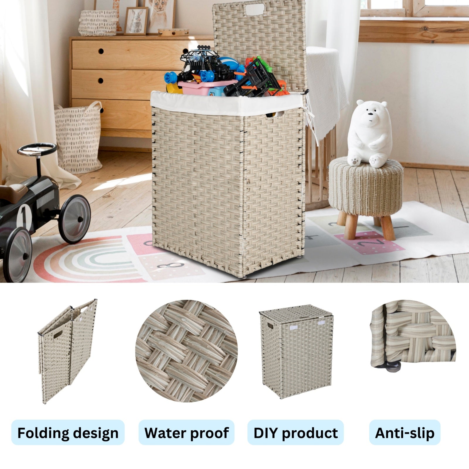 Shopi Vella rattan laundry hamper with lid in beige with waterproof folding design for home storage