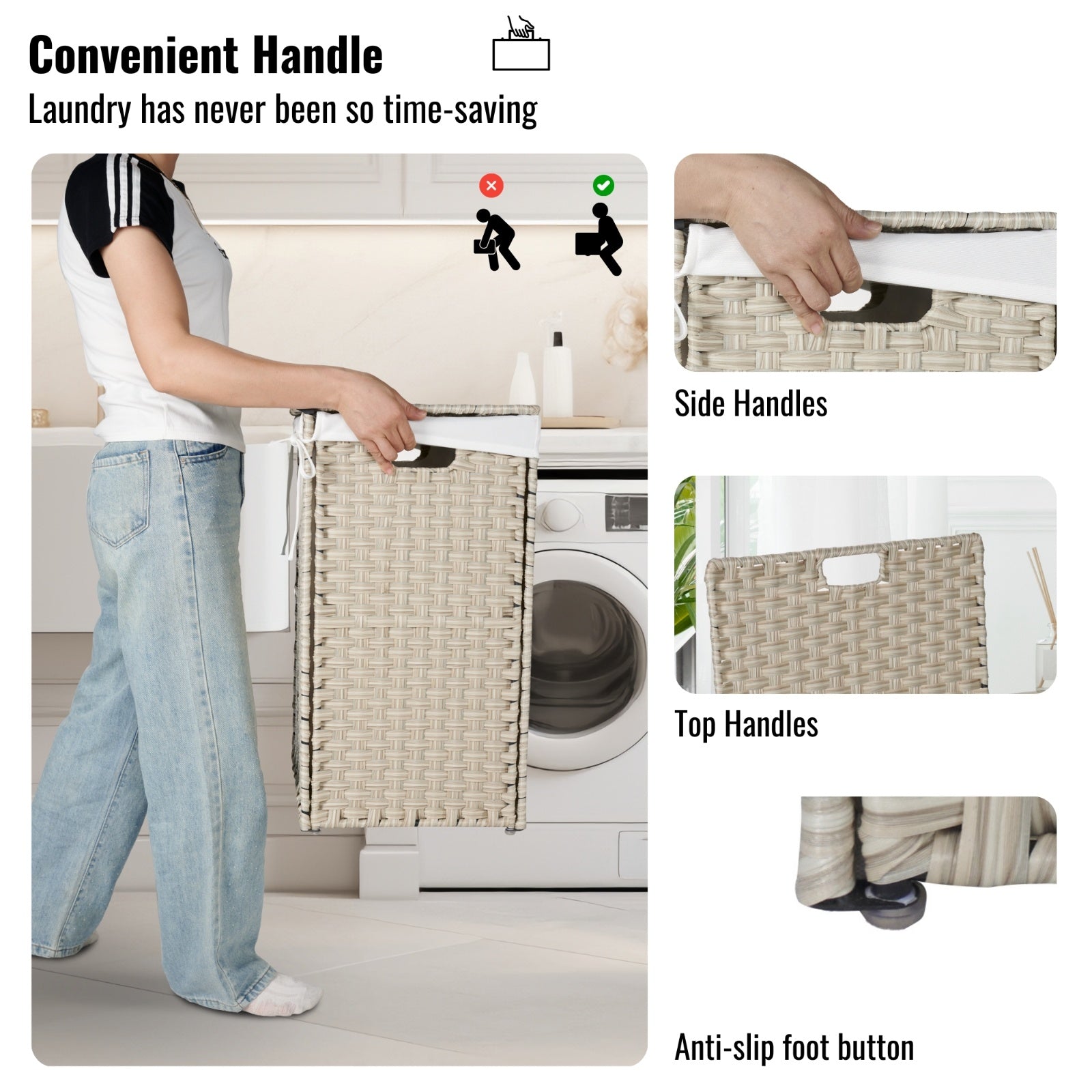 Shopi Vella rattan laundry hamper with lid featuring convenient side and top handles and anti-slip foot button