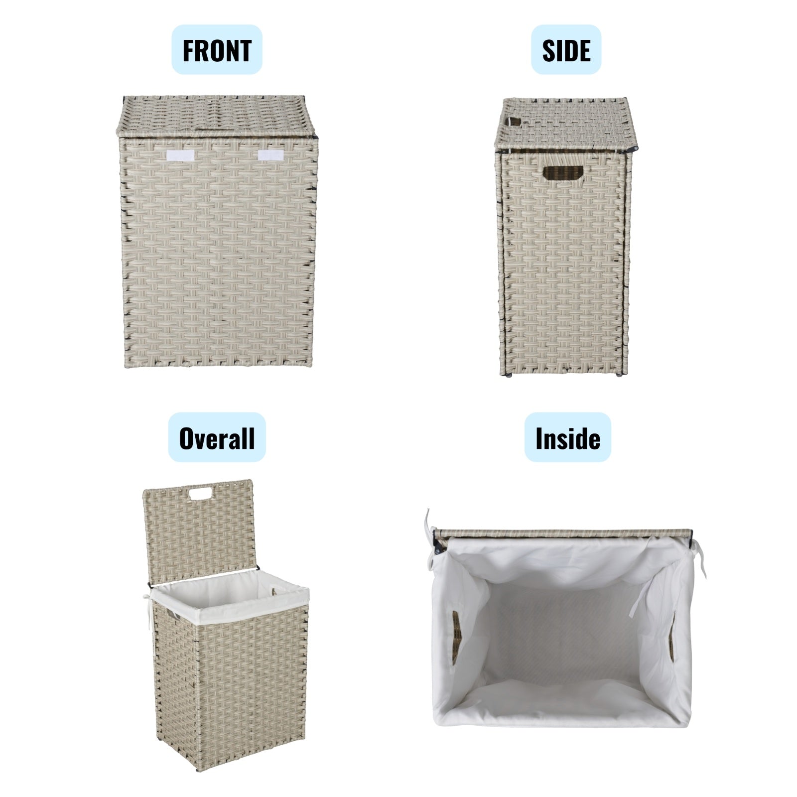 Shopi Vella rattan laundry hamper with lid showing front, side, open, and inside views
